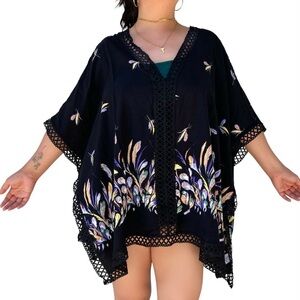Listicle Feathers Poncho Top / Coverup Crochet Trim Black Pit to Pit 37.5” M